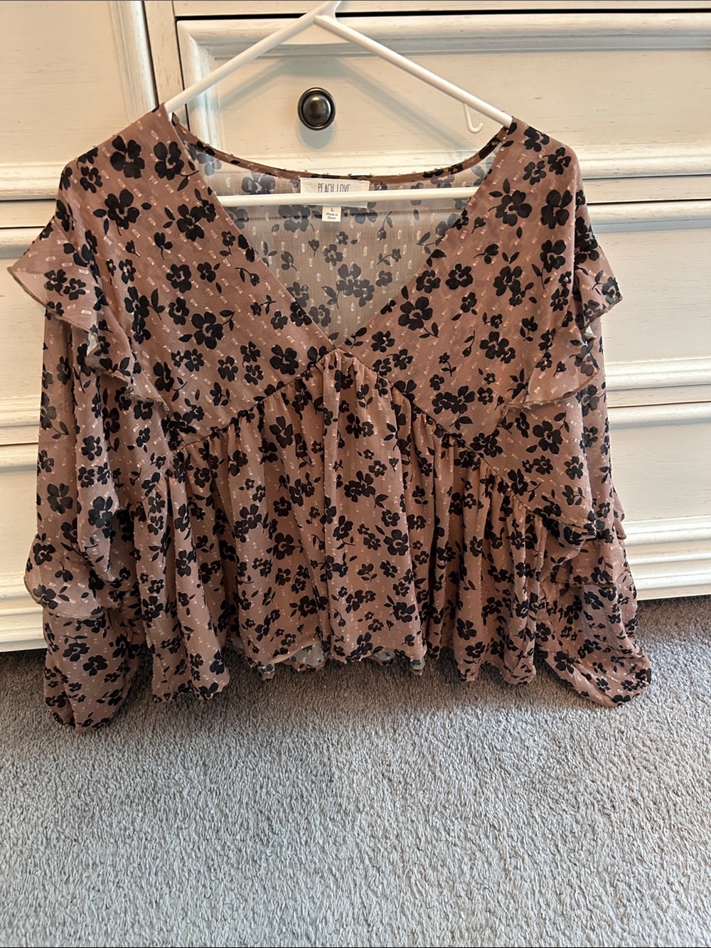 Brown and black Floral Ruffle Peasant Blouse -size L